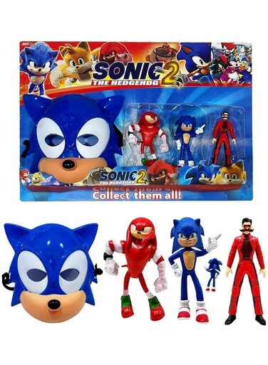 Sonic The Hedgehog 2 Toy Playset - Sonic 2 4-Pcs Action Figures &amp; Wearable Blue Face Mask, Includes Sonic, Knuckles, Dr. Robotnik Mini Figures, Kids Superhero Cosplay Costume Prop, Best Birthday