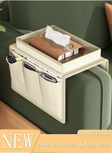 Sofa Armrest Organizer With A Top Tray Chair Arm TV Remote Holder for Recliner Couch Armchair Caddy Bedside Storage Pockets Bag for Cellphone Tablet Book Magazines Holder Pouch