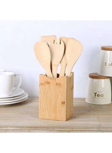 HOME Loretta 6-Piece Bamboo Gadget Set Natural -Holder Gadget Bamboo Storage For Countertop Organizer Cooking Utensil Crock Kitchen Organization For Kitchen L10Xw10Xh16Cm - Clear