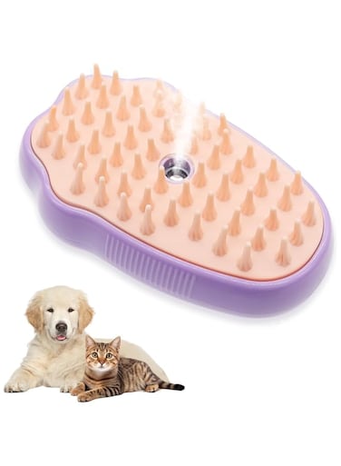 cuspitum Pet Steam Brush - 3 In 1 Steamy Cat Brush, Rechargeable Steamy Pet Brush Self Cleaning Cat Groom Brush, Silicone Spray Cat Steamer Brush Massage, Pet Hair Removal Comb For Cat Dog (Purple)
