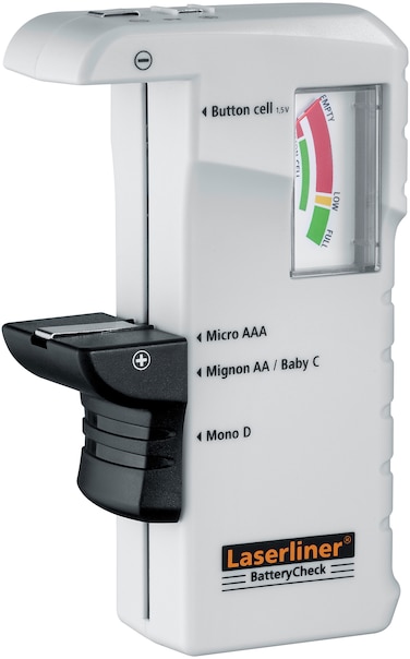 Laserliner Battery Check Universal Battery Tester for Household and Professional Use, Checks AA, AAA, 9V and Button Cell, Quick Diagnostic Tool for Measuring Battery Health - LLR-083.005A