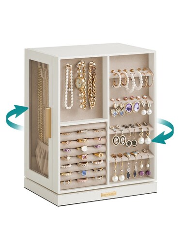 Jewellery Box 360&Acirc;&deg; Rotating, Jewellery Organiser with 5 Drawers, Jewellery Display Case, Glass Window, Spacious, Vertical Jewellery Storage, Open Design, Great Gift, Cloud White