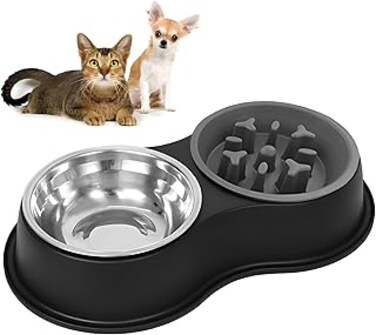 Joyzzz Dog Bowl Slow Feeder, 4 in 1 Slow Down Eating Double Dog Water and Food Bowls, Stainless Steel Bowls with Non-Skid Silicone Mat, Pet Feeder Bowls for Puppy Medium Dogs Cats