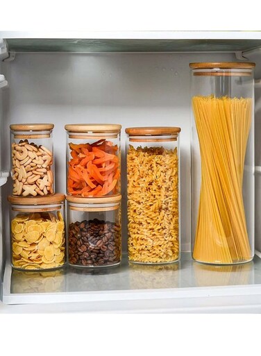 Glass Storage Jar Containers Set,Spice Jar Set, 6 Piece Glass Jar with Bamboo Airtight Lids