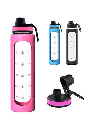 TERRIFI 32 oz Glass Water Bottle with Time Marks and Silicone Sleeve, Flip Lid, Reusable, Wide Mouth, Motivational Water Bottles for Hydration, Leakproof 1 Liter Glass Drinking Bottle BPA Free 1PCS