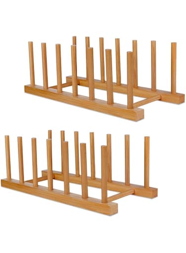 SAMEBUTECO Bamboo Wooden Dish Racks Plate Stand Holder Vertical Drainer Kitchen Cabinet Organizer for Dish, Pots, Lids, Bowls, Cups, and Cutting Boards and Books(2 Packs)