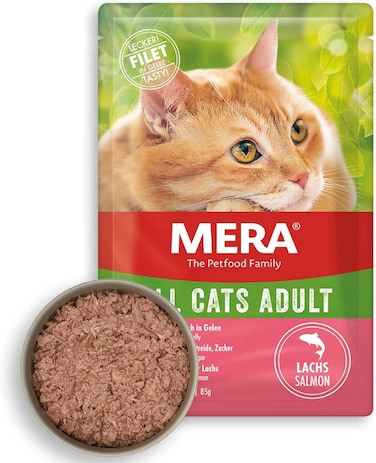 طعام رطب للقطط البالغة من ميرا - خالٍ من الحبوب، لذيذ ومستدام، بدون إضافات صناعية (12 × 85 جم، سمك السلمون)