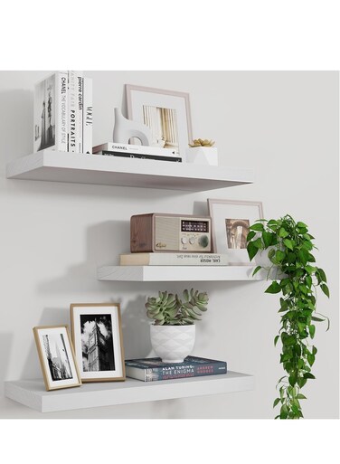 White Floating Shelves, Wall Shelf Set of 3, Rustic Wood Shelves for Wall Storage, Wall Mounted Wooden Display Shelf for Bathroom Bedroom Kitchen Garage