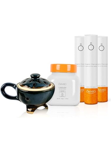 Omved Festive Special Bundle Set with Celebrate Ayurvedic Dhoop, Dhoop Charcoal-Pack of 30 and Ceramic Tribal Dhoopdan