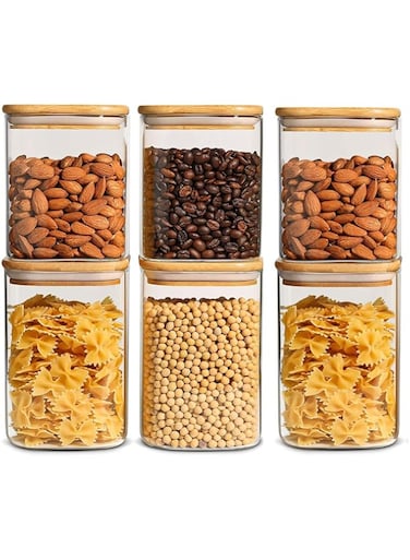 1CHASE 6Pcs Square Food Storage Jar With Airtight Bamboo Lid, Stackable Storage Containers for Kitchen and Pantry, Ideal for Coffee, Tea, Cookie, Candy, Nut, Spice, Grains, 900/1100 ML