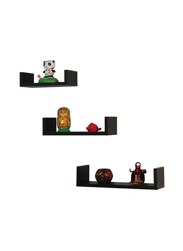Floating Wall Shelves C-Shape Square Edge 3Pcs Set Black, Size: 26X9.8X70Cm/ 33X9.8X8.50Cm /40X9.8X10Cm