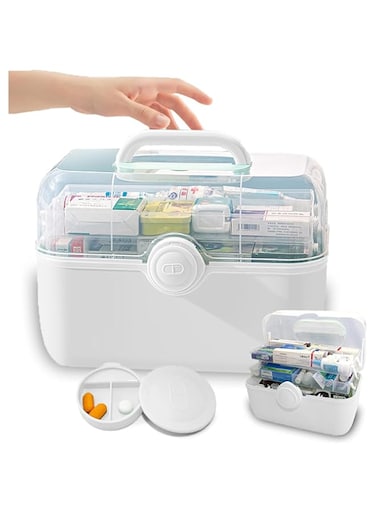 Bolivia's First Aid Box, Portable Plastic Medicine Storage Cabinet with Handle, Multi-Layer Home Medicine Box with Removable Tray, Medicine Organizer Pill Case for Family, Office and Travel (White)