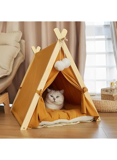 ROUNY Pet Teepee Pet Tent,Large Dog Teepee Bed &amp; Cat Tent,Portable Canvas Puppy House Cat Bed Tent with Thick Cushion Washable,Cat Teepee &amp; Folding Indoor Pet Teepee &amp; Dog Bed for Pets Up to 25lbs