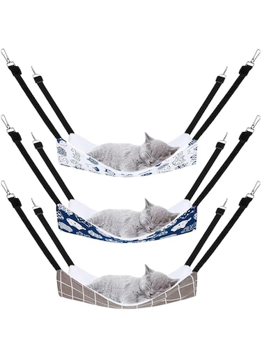 Excefore Reversible Cat Hanging Hammock, 3 Pack Soft Breathable Pet Cage Hammock with Adjustable Straps and Metal Hooks, Double-Sided Hanging Bed for Cats Small Dogs Rabbits (23.6 x 20 Inches)