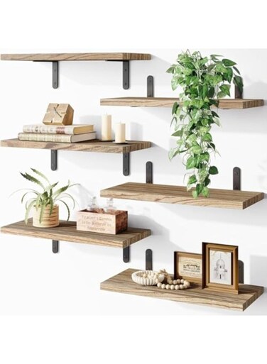 Wood Floating Shelves - Set of 6, Rustic Farmhouse Wood Shelves for Wall Decor, Bathroom Storage Shelves, Book Shelves for Living Room (Rustic Brown)