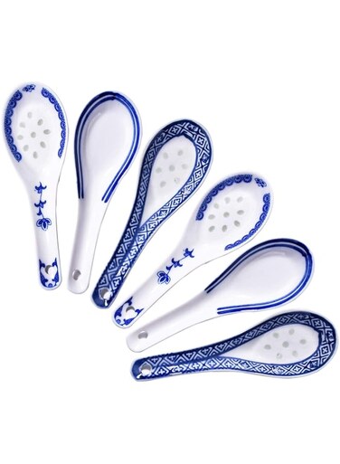 KASTWAVE Soup Spoon, Ceramic Chinese Spoon Set 6 Piece Blue and White Porcelain Soup Spoon Reusable Dining Spoon Ramen Soup Spoon Wonton Dumpling Miso Soup Spoon, Home Kitchen Dining Spoon