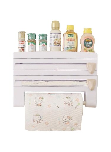 Wall Mounted 4-in-1 Wall-Mount Paper Towel Holder Kitchen Spice Rack Roll Holder Towel Paper Dispenser Organizer Shelf with Foil Film Cling Cut White