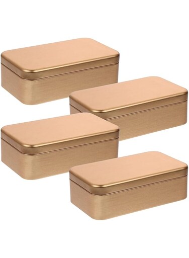 SWIUKPHE 4Pcs Tins Containers, Metal Rectangular Empty Hinged Tins Box, Portable Storage Box with Lid, Small Box Set for Home Organizer(Golden)