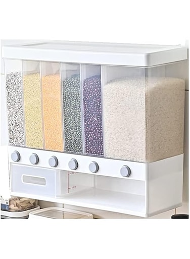 Fetcoi White Wall Mount Dry Food Dispenser, 6-In-1 Rice Coffee Bean Dispenser Wall Cereal Dispenser Countertop, 22lbs Capacity