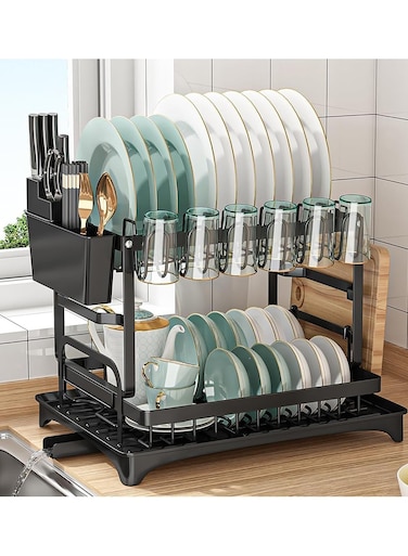 Dish Drying Rack 2 Tier Dish Rack drying rack kitchen Large Double Stainless Steel Dish Rack Foldable Rustproof Dish Rack Dish Drainer 42x29x29 cm - Black
