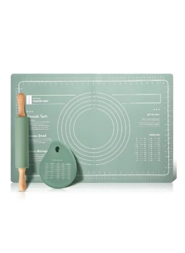 3-piece Large Silicone Baking Mat Set, Extra Thick Non-stick Non-slip Silicone Pastry Mats for Baking, with 1 Piece Rolling Pin and 1 Piece Non-scraper (Green)