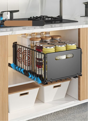 Metal Pull-Out Cabinet Drawer Shelf Organizer Slide Out Drawer Storage Shelves Kitchen Storage Rack Roll-Out Sliding Drawer Sliding Under Sink storage with Silent Slide