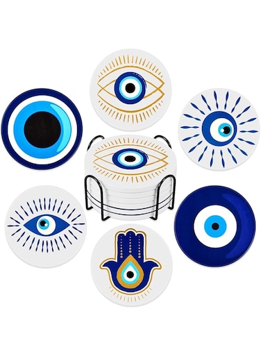 Azonee Ceramic Evil Eye Drink Coasters with Holder, Set of 6 Evil Eye Blue Coasters, Round Absorbent Cup Mat with Cork Base for Home Decor Tabletop Protection Suitable for Kinds of Cups
