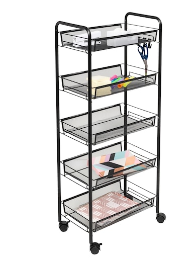 5-Tier Kitchen Storage Basket for Fruit Vegetables and Snacks. Metal Trolley Organizer With Lockable Wheels and Handle Wire Shelves Cart for Room Bathroom