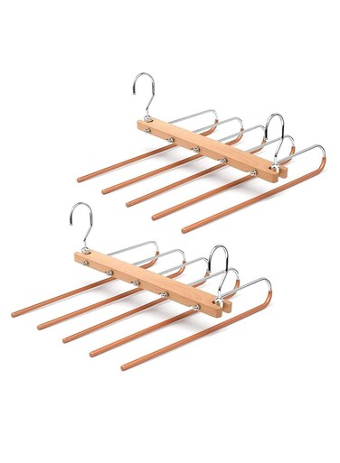 Magic Pants Hangers Space Saving Closet Hangers 5 Layers Multi Functional Pants Rack Solid Metal &amp; Wood Heavy Duty Wardrobe Organizer Racks for Clothes Trousers Scarves Ties 2Pack Natural