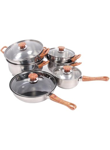 Luocute Wood Grain Design Stainless Steel Pots Pans Set, Unique Ergonomic Handle Kitchen Cookware Set, Multifunctional Kitchen Induction Pots and Pans for Soup, Frying, Boiling Noodles