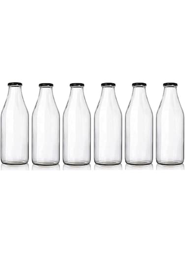 FUFU 6pack 32oz Glass Bottles, Clear Glass Milk Bottles with Black Metal Airtight Lids, Vintage Breakfast Shake Container, Vintage Drinking Bottles with