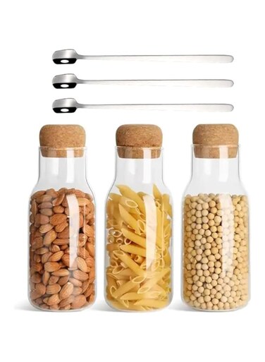 1CHASE Borosilicate Storage Jar with Cork Lid-Cork Stopper Storage Glass bottle 750 ML With Spoon (Pack of 3)