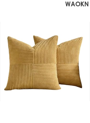 2 Packs Mustard Yellow Decorative Throw Pillow Covers 18x18 Inch for Living Room Couch Bed, Farmhouse Boho Home Decor, Soft Cross Corduroy Patchwork Textured Accent Cushion Case 45x45 cm