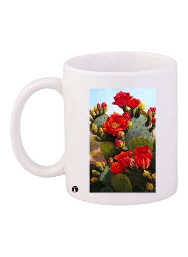 Cactus Flower Printed Coffee Mug White/Green/Red 11ounce