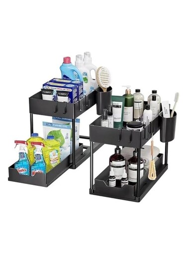 Non-Slip Under Sink Organizer, Multi-Purpose Organizer With Hooks &amp; Cup, for Kitchen, Bathroom, Countertop, and Cabinet - Sturdy and Durable with Sliding Drawers, Easy Assembly (2 Pack)