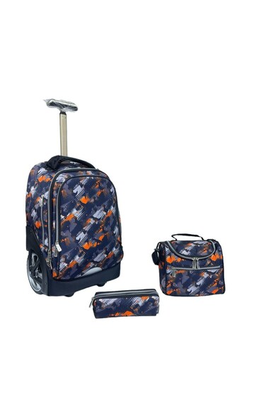 3-Piece Rolling School Set, 18-Inch Wheeled Backpack with Lunch Bag and Pencil Case, Pastel.BLACK DINOSAUR PRINT
