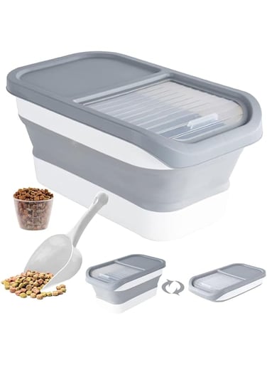 FGOGO Collapsible 10KG Dog Food Storage Container with Transparent Sliding Lid,Pet Cat Moisture-Proof Folding Rice Plastic Bin with Measuring Cup and Scoop,for Storing Oat Millet Macaroni Corn Cereal