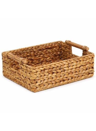 Hand-Woven Water Hyacinth Storage Basket with Rattan Handles &acirc;&euro;&ldquo; L 26 x B 17 x H 11 cm Small, Woven Organizer Bin for Living Room, Bedroom, Bathroom, Closet &amp; Home Storage