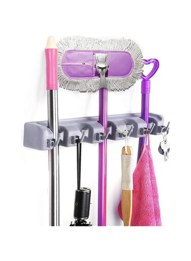 Showay Willy Mop Broom Holder Wall Mounted Kitchen Tool Organizer and Storage Rack, 6 Hooks and 5 Slots, Grey