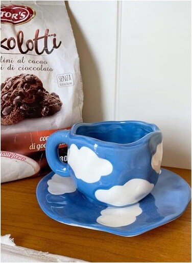 Blue Ceramic Cup and Saucer,Coffee Mug Set,Tea Cup, Drinking Utensil Creative Drinkware with White Clouds Pattern 300ml