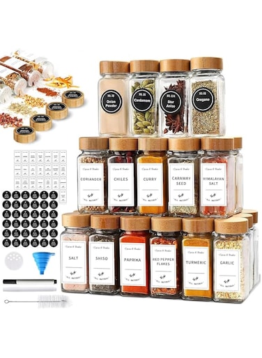 Yoawllty 24Pcs Glass Spice Jars, 4oz Empty Square Spice Containers with Bamboo Lids, Glass Food Storage Containers Jars with Labels Stickers, Shaker Lids, Funnel, Paint Pens and Cleaning Brush