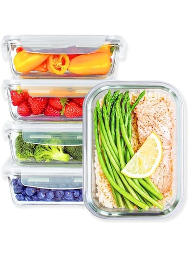 BIXBITE 5 Pcs Glass Container Sets with Lids, Freshness Sealed in Each 1050ml Airtight Meal Prep Container Set, 100% Glass Food Container Fridge Organizer, BPA FREE Glass Containers for Kitchen Food