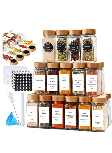 24Pcs Glass Spice Jars with Bamboo Lid,4oz Square Spices Container Set with Labels,Spices and Seasoning Containers Sets Organizer,Shaker Lids and Airtight Bamboo lid (Bamboo Lid)