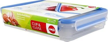Emsa 509040 Clip &amp; Close Stacking Box 1.65L &ndash; Transparent/Blue, 26.5 x 19.4 x 6 cm