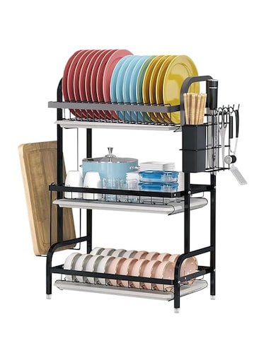 ROUNY 3 Tier Dish Drying Rack, Rustproof Dish Rack, Large Capacity Carbon Steel Dish Drainer with Drainboard, Utensil Holder and Cutting Board Holder, for Kitchen Countertop Saving Space, Black
