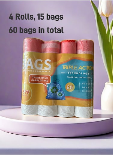 Garbage Bags Biodegradable Compact Roll white 45x50cm (15pc x 4Rolls) 60 bags, Drawstring garbage bag