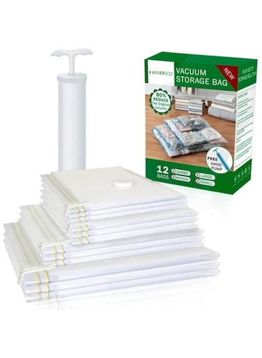 HAMBROZ 12 Pack Vacuum Storage Bags 3 pcs (100x80cm)+3 pcs (80x60) +3 pcs (70x50)+3pcs (60x40) With Hand Pump Reusable Compression Bags Space Saver,Vacuum Bag for Packing,Travel,Clothes,Bedding