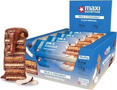 لوح وافل بروتين وحليب جوز الهند من ماكسي نيوتريشن (عبوة من 12 × 40 غرام لكل منهما), مع بروتين 8.6 غرام, سكر منخفض لكل وجبة, بدون لون ونكهة صناعية