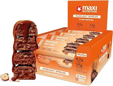 MaxiNutrition Protein Waffle Bar Hazelnut Spread (Pack Of 12 X 39Grams Each), With 10Gm Protein &amp; Low Sugar Per Serving, No Artificial Colour &amp; Flavor Added