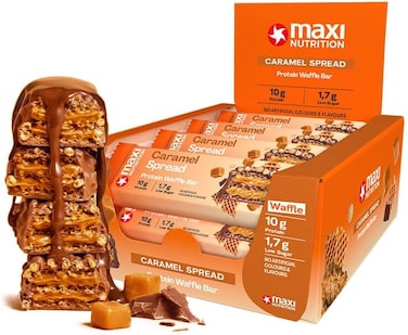 لوح وافل بروتين بالكراميل من ماكسي نيوتريشن (عبوة من 12 قطعة × 39 غرام لكل قطعة), مع بروتين 10 جرام وسكر منخفض لكل وجبة, بدون اضافة لون ونكهة صناعية